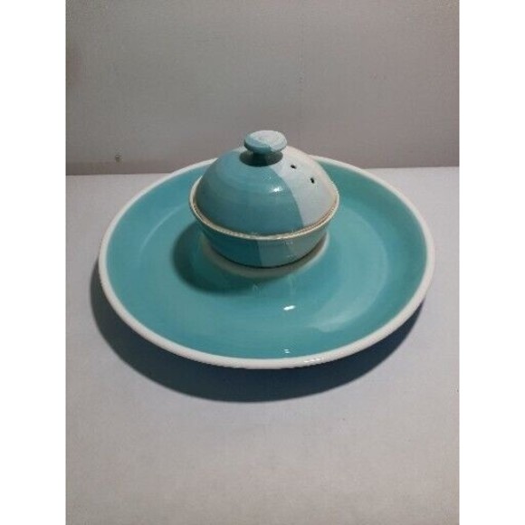 Unbranded Other - Teal/Cream Chip & Dip Serving Dishes-Plate With Bowl (G)